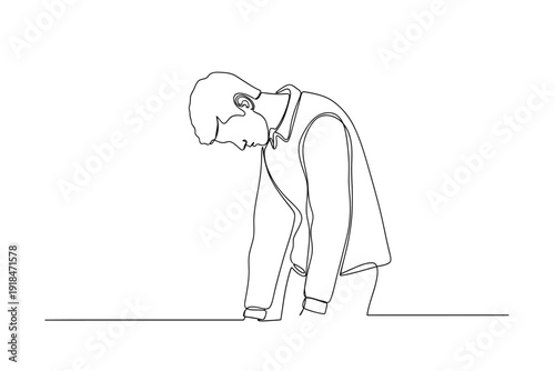 Single Continuous Line Drawing of a Sad Man Bowing His Head in Sorrow or Defeat