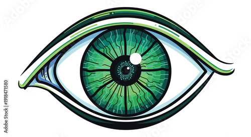 Green Human Eye Illustration Isolated on White, Stylized Pupil and Iris Graphic