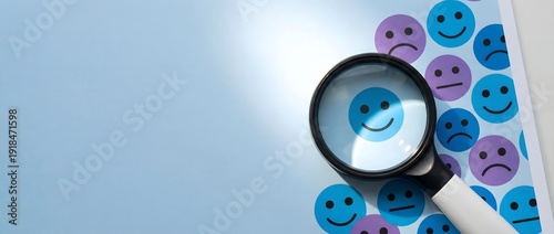 Customer satisfaction and feedback evaluation concept with smiley faces under magnifying glass service quality rating and experience analysis
