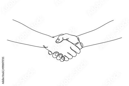 Continuous line drawing of two hands shaking, symbolizing partnership and agreement