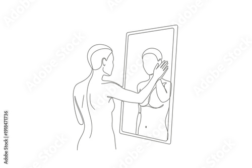 Continuous Line Drawing of Woman Touching Her Reflection, Symbolizing Self-Acceptance and Identity