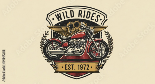 Vintage motorcycle logo with wings and laurel wreath wild rides emblem established 1972 retro style biker culture symbol