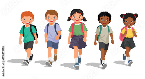 Kids students with backpack walking to school together