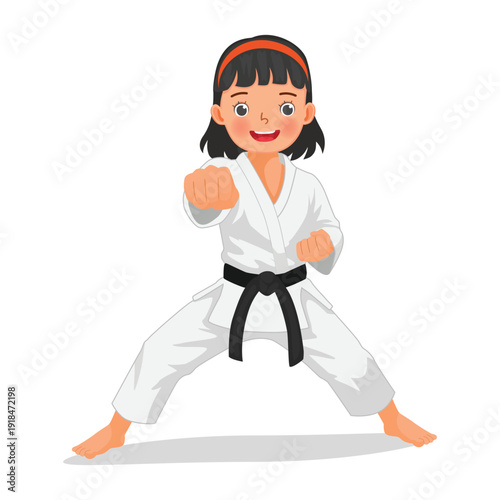 Little karate kid girl showing punch technique poses in martial art training

