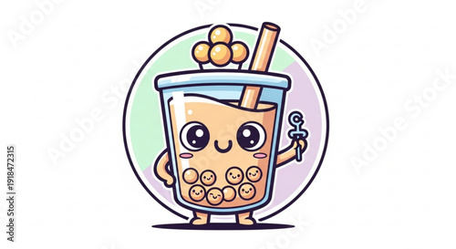 Cartoon bubble tea character with straw and boba balls in a transparent cup on a white background