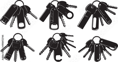 Collection of various keychains with multiple keys attached together