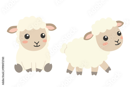 Kawaii sheep or lamb character sitting and walking in flat vector style for farm animal mascot