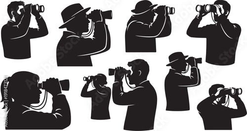 Silhouettes of people looking through binoculars in various positions
