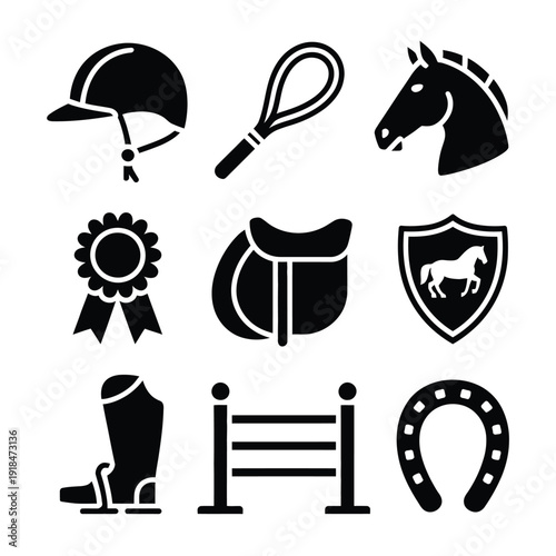 A collection of equestrian sport icons represents horse riding and competition elements.