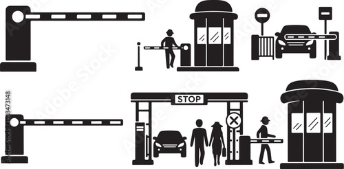 Security gate and checkpoint icons with people and vehicles