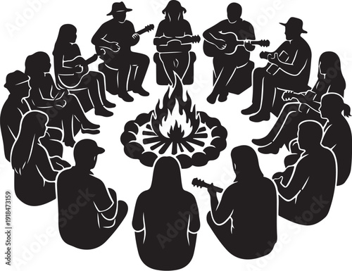 Group of people sitting around a campfire playing guitars