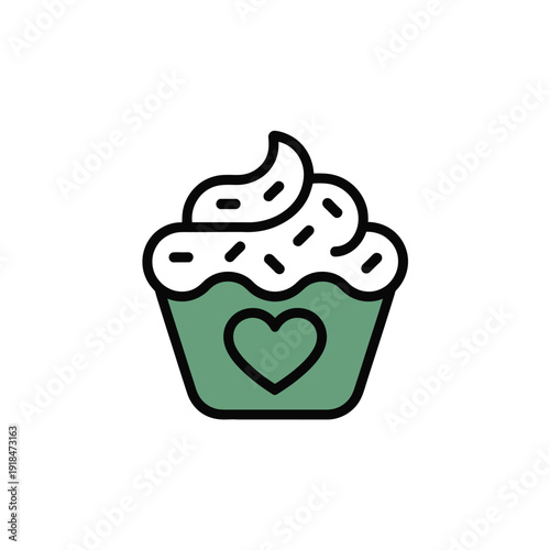 A green cupcake with a heart symbol and white frosting is depicted in a simple illustration.