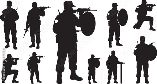 Silhouettes of soldiers in various combat positions and actions