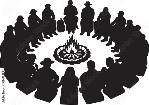 People sitting around a campfire in a circle together