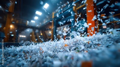 Plastic recycling process with shredded plastic flakes ready on blurred background