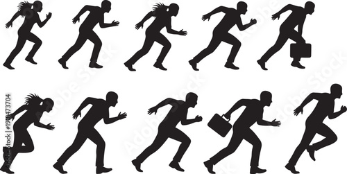 Silhouettes of people running in various dynamic poses quickly