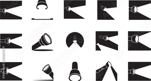 Collection of various flashlight icons in black and white