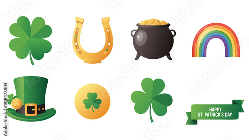 St. Patrick's Day icons: shamrock, horseshoe, pot of gold, rainbow, hat, coin, and banner