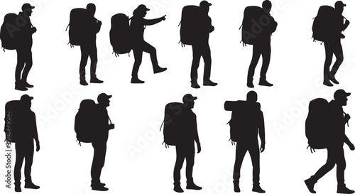 Silhouettes of travelers with backpacks in various poses walking