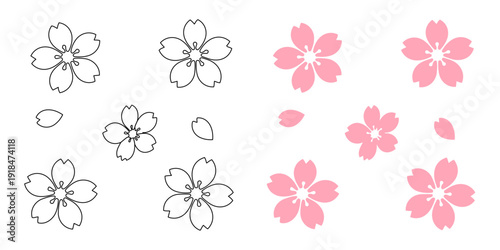 桜の花と花びらのイラストセット（カラーと線画のバリエーション）