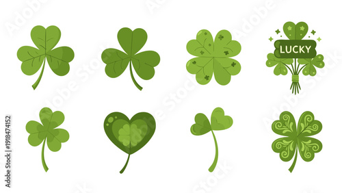 Collection of green shamrock and clover leaf designs for good luck and St. Patrick's Day