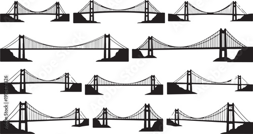 Silhouette of various suspension bridges in black and white