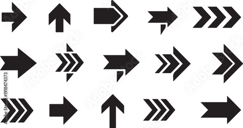 Collection of various black arrow icons on white background
