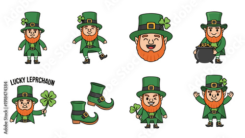 Cute leprechaun characters in green outfits with shamrocks and gold pot