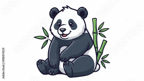 Panda cartoon vector illustration, friendly animal logo style, clean design, bamboo leaves