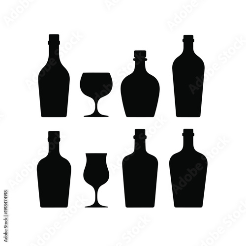 Collection of dark silhouette bottles and glasses suggesting alcoholic beverages.