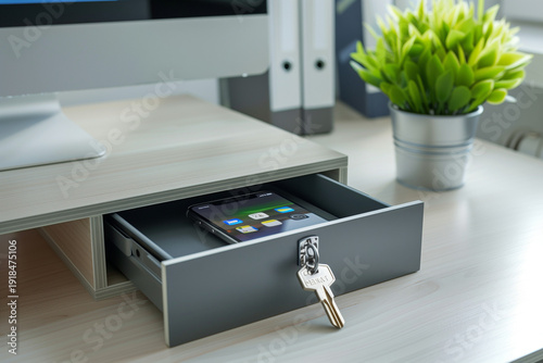 Modern smartphone placed inside drawer with key lock, clean office desk, privacy and security concept, realistic commercial photography