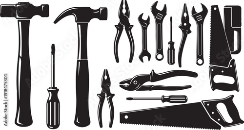 Collection of various black tools on white background illustration