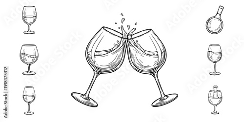 clinking wine glasses hand drawn vector sketch
