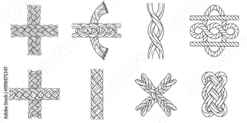 Wavy rope curve set. Repeating hemp cord stripes collection. Wavy loop tie braid bundle. Seamless black and white plait pattern. Vector marine twine design elements for banner, poster, frame, border