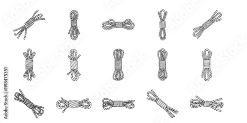 Wavy rope curve set. Repeating hemp cord stripes collection. Wavy loop tie braid bundle. Seamless black and white plait pattern. Vector marine twine design elements for banner, poster, frame, border