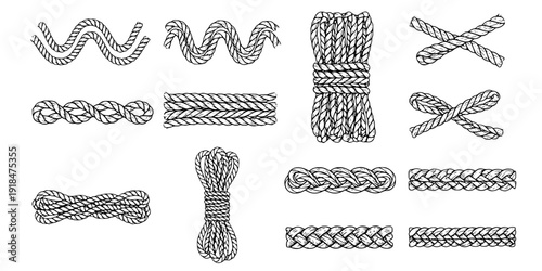 Wavy rope curve set. Repeating hemp cord stripes collection. Wavy loop tie braid bundle. Seamless black and white plait pattern. Vector marine twine design elements for banner, poster, frame, border