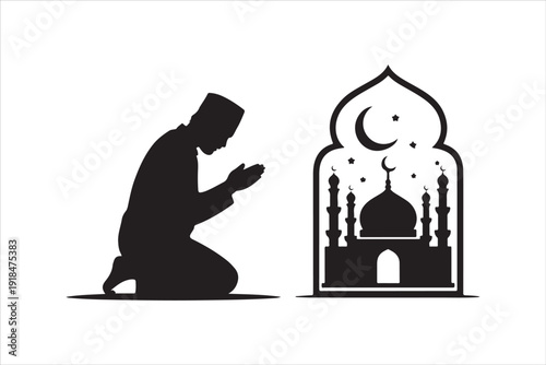 Ramadan Kareem Islamic Icon Set – Mosque, Crescent Moon, Kaaba Vector