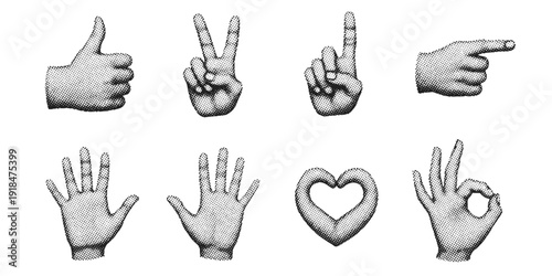 Cut out hand emoji gestures set. Various halftone hands signs vintage dotted stickers. Modern retro vector illustration for mixed media design, collage and scrapbook isolated on transparent background