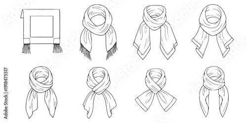 set of women's scarf flat sketch vector illustration cad mock up template
