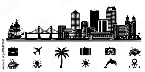 Vector Tampa skyline. Travel Tampa famous landmarks. Business and tourism concept for presentation, banner, web site. Vector black silhouette. with white background