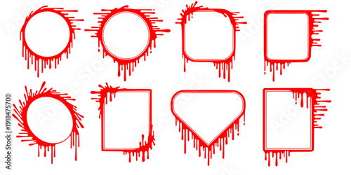 Liquid or paint drips. Set of vector ink round, square, corner frame silhouettes.
