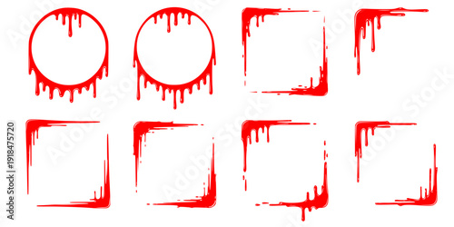 Liquid or paint drips. Set of vector ink round, square, corner frame silhouettes.

