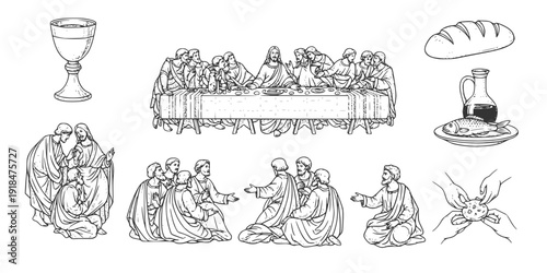 Hand-Drawn Vintage Sketch of The Last Supper – Jesus Christ with Twelve Apostles at the Table, Religious Fresco Vector Illustration
