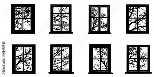 Silhouette of window and tree branches. Gobo mask.
