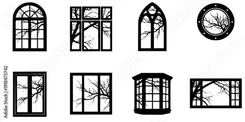 Silhouette of window and tree branches. Gobo mask.
