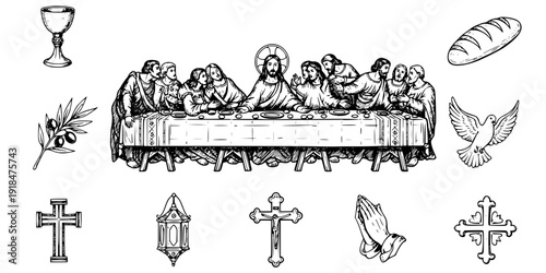 Hand-Drawn Vintage Sketch of The Last Supper – Jesus Christ with Twelve Apostles at the Table, Religious Fresco Vector Illustration
