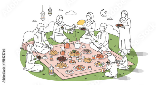 Bustling marketplace scene with vibrant colors and whimsical architecture surrounded by lush greenery and white buildings