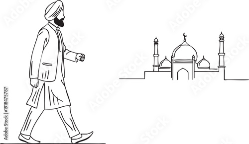 Man walking towards mosque with dome and minarets in the background
