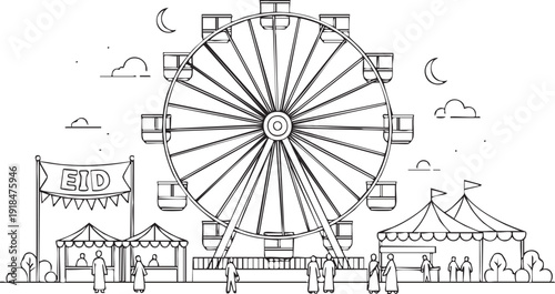 Carnival funfair scene with ferris wheel and various attractions
