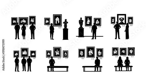 people admiring art in a gallery silhouette vector illustration
